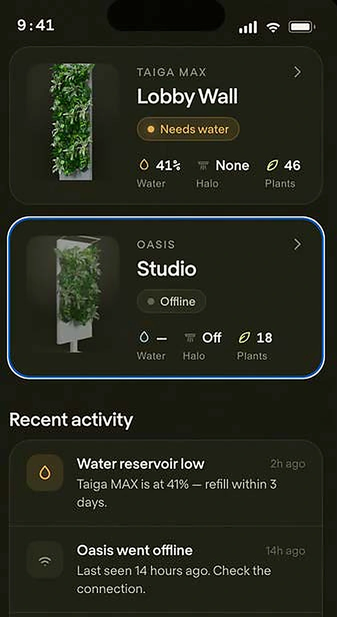 Biome app showing living wall status and water information